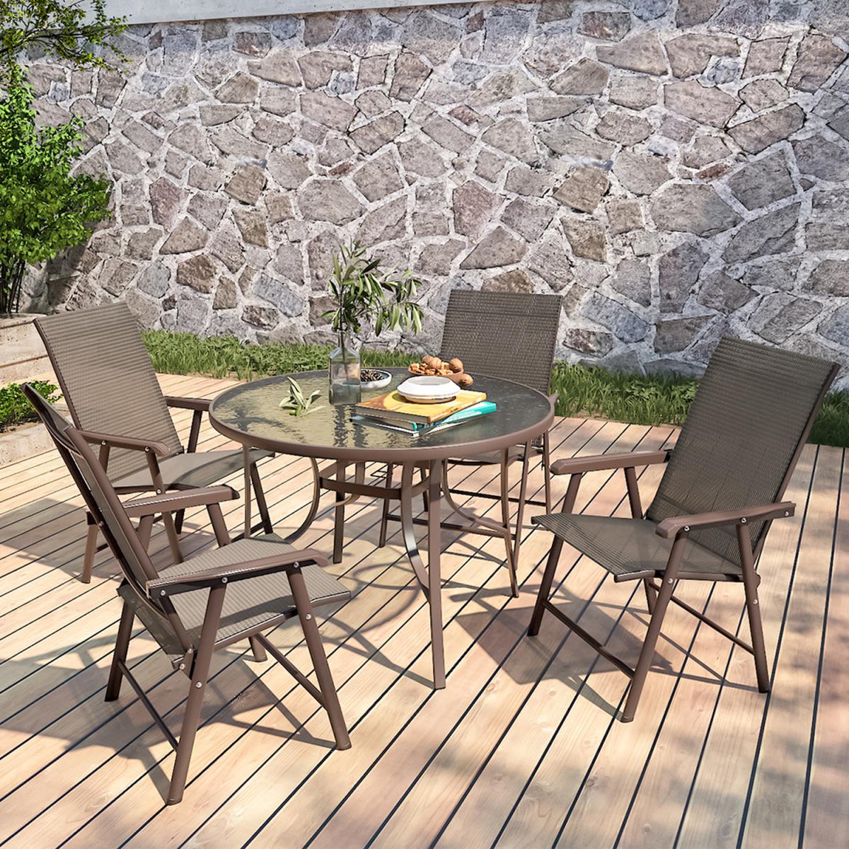Outdoor Glass Table Bistro Set - Brown / Square / 4 x Folding Chairs; 1 x Table – image 22
