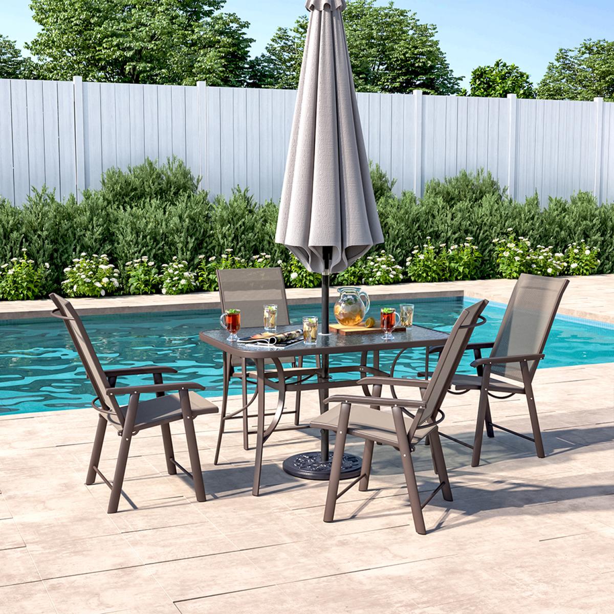 Outdoor Glass Table Bistro Set - Brown / Square / 4 x Folding Chairs; 1 x Table – image 32