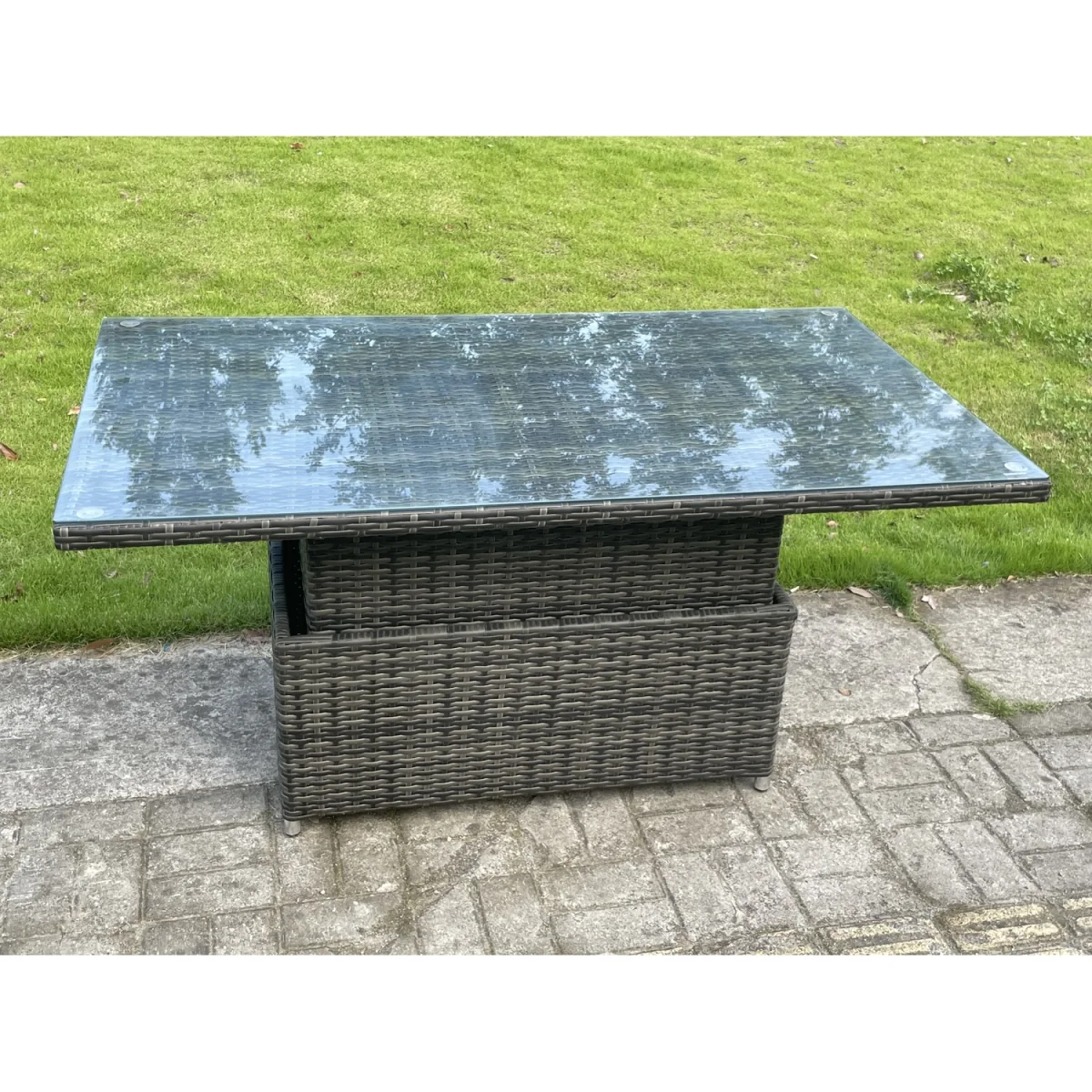 Fimous Outdoor 5-Seater Rattan Patio Dining Set with Lifting Table and Footstool. - Dark Grey Mixed – image 2