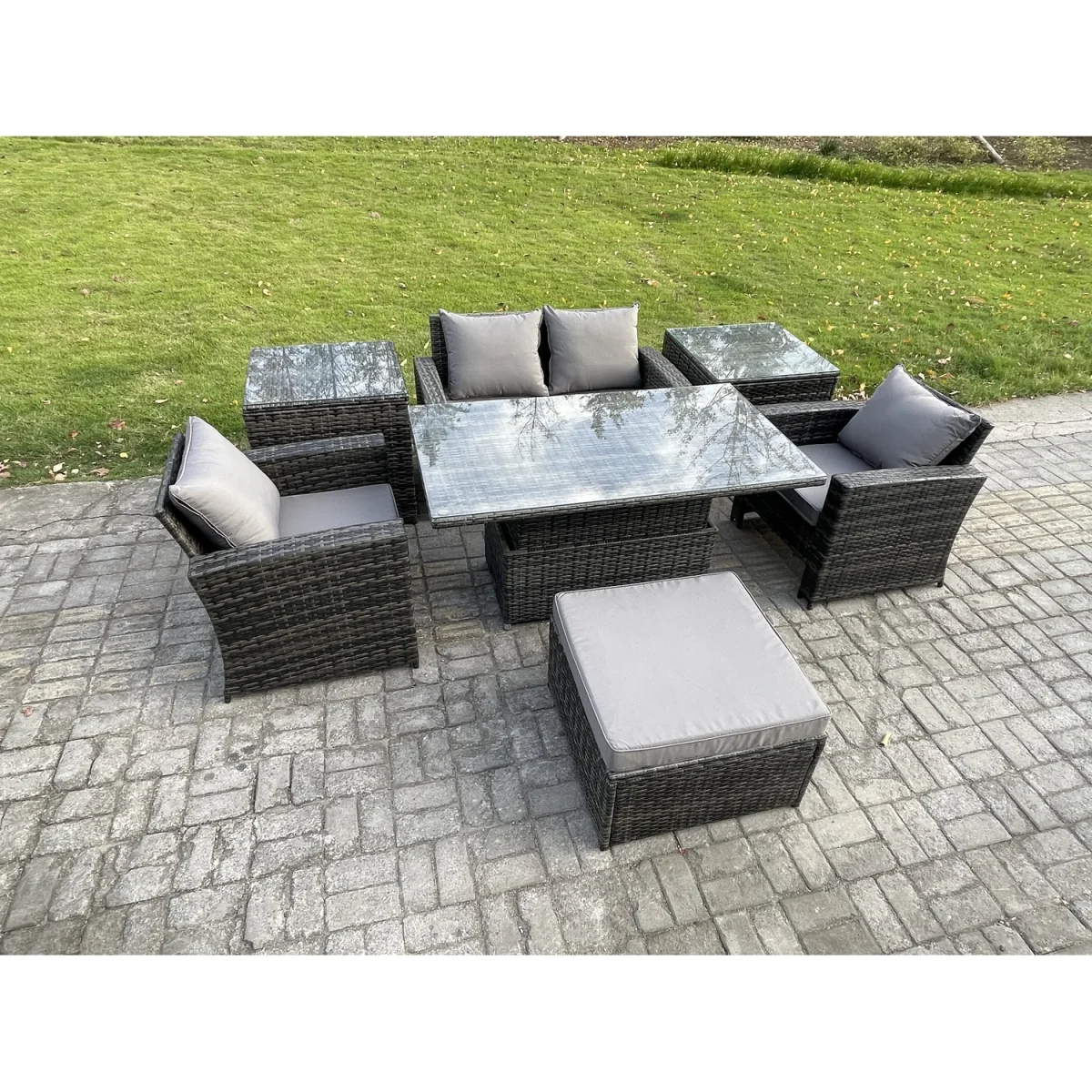 Fimous Outdoor 5-Seater Rattan Patio Dining Set with Lifting Table and Footstool. - Dark Grey Mixed – image 5