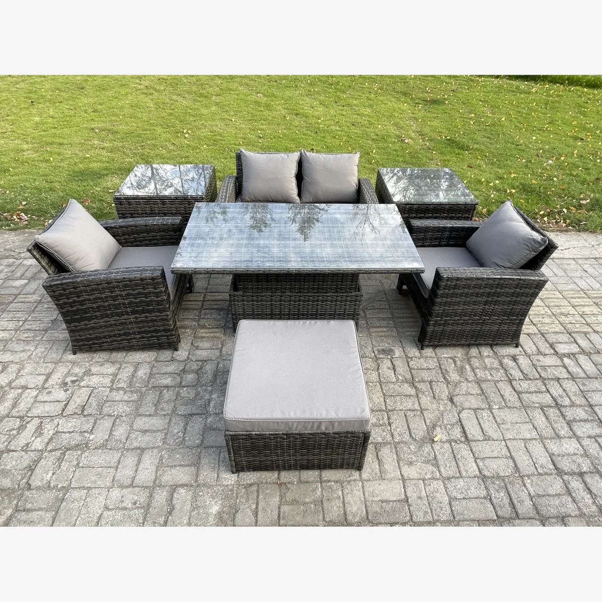 Fimous Outdoor 5-Seater Rattan Patio Dining Set with Lifting Table and Footstool. - Dark Grey Mixed – image 1