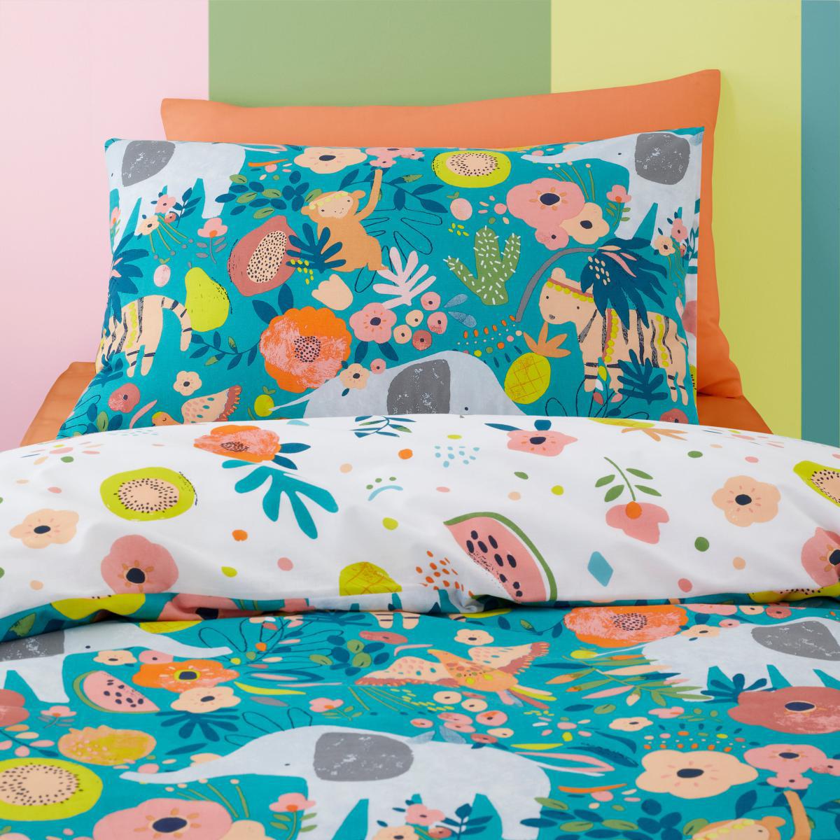 Jungle Carnival 100% Cotton Duvet Cover and Pillowcase Set Teal (Green) – image 3