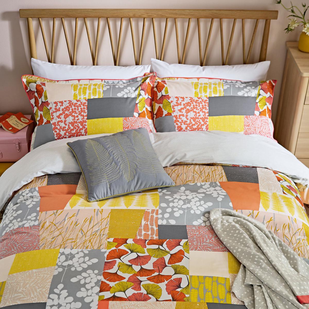 Clarissa Hulse Ginkgo Patchwork Pink and Mustard 100% Cotton Reversible Duvet Cover and Pillowcase Set MultiColoured – image 3