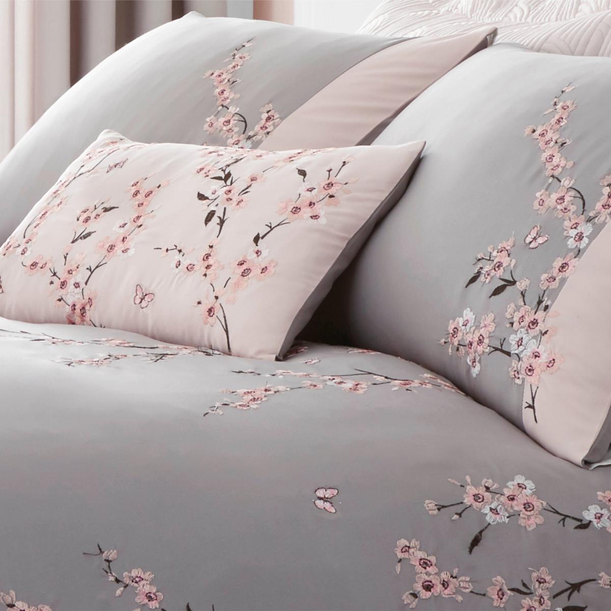 Catherine Lansfield Embroidered Blossom Grey Duvet Cover and Pillowcase Set Grey – image 2