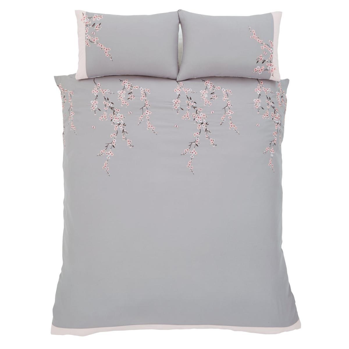 Catherine Lansfield Embroidered Blossom Grey Duvet Cover and Pillowcase Set Grey – image 3