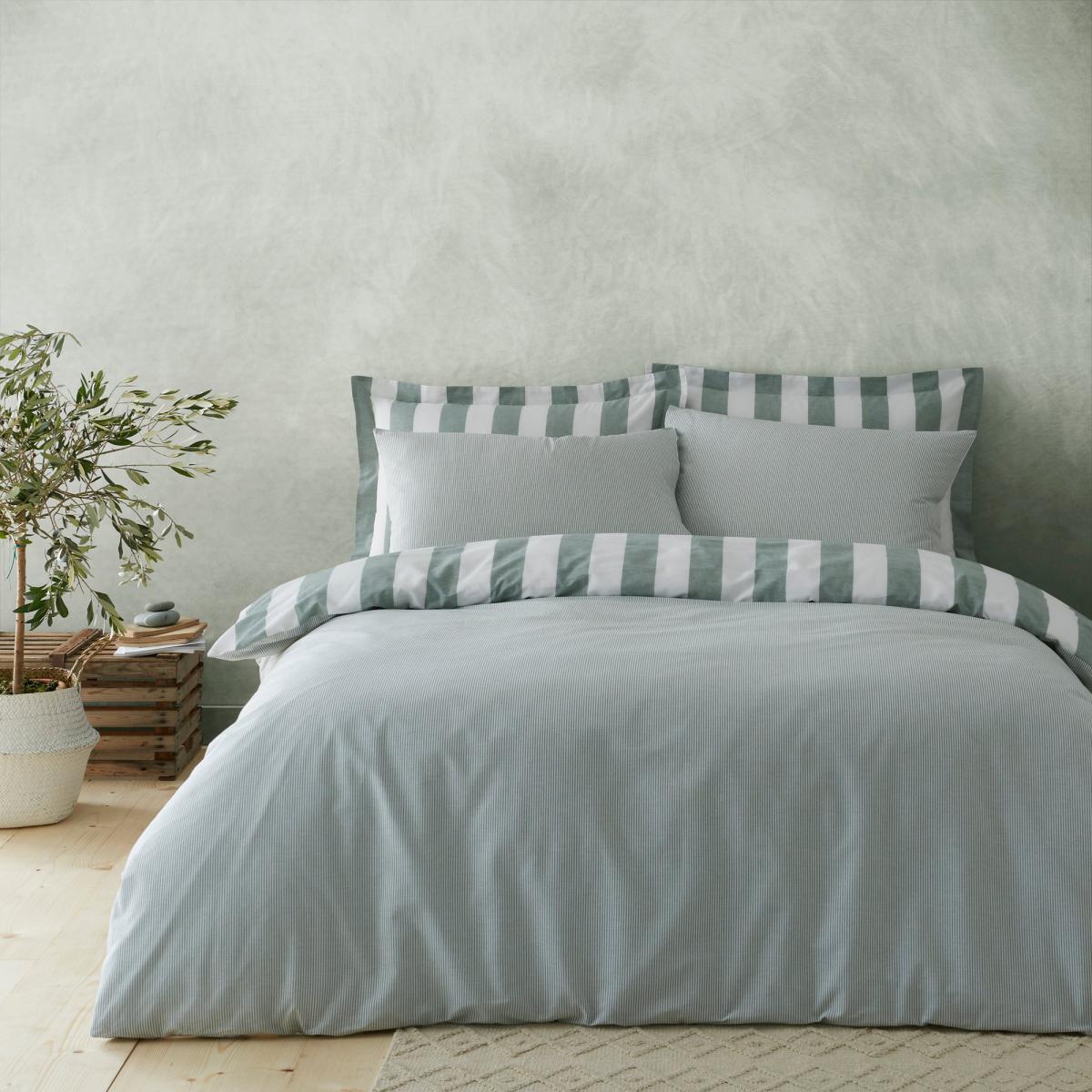 Holmes Green Striped 100% Cotton Reversible Duvet Cover and Pillowcase Set Light Green – image 2