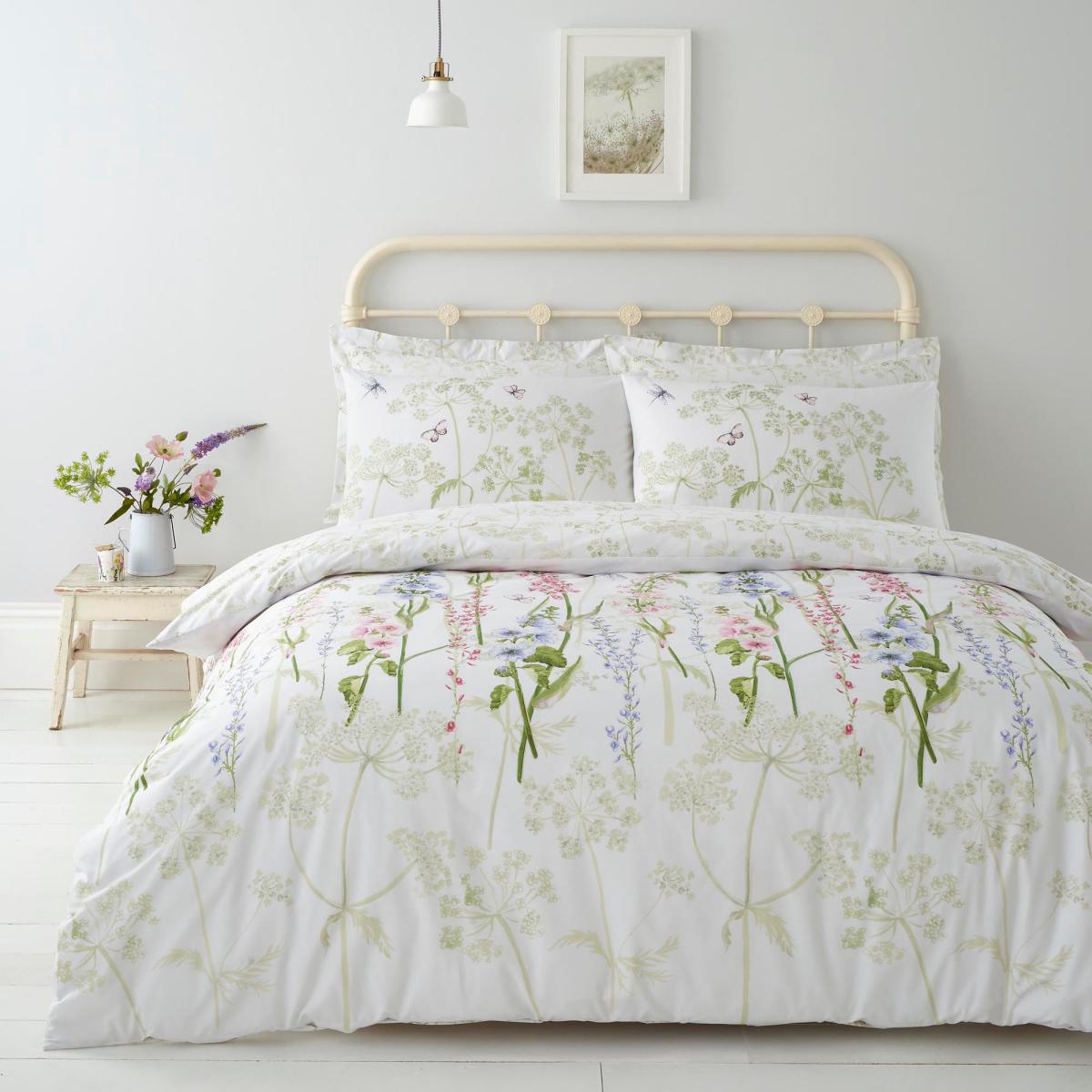 Felicity White Floral Reversible 100% Cotton Duvet Cover and Pillowcase Set White – image 1