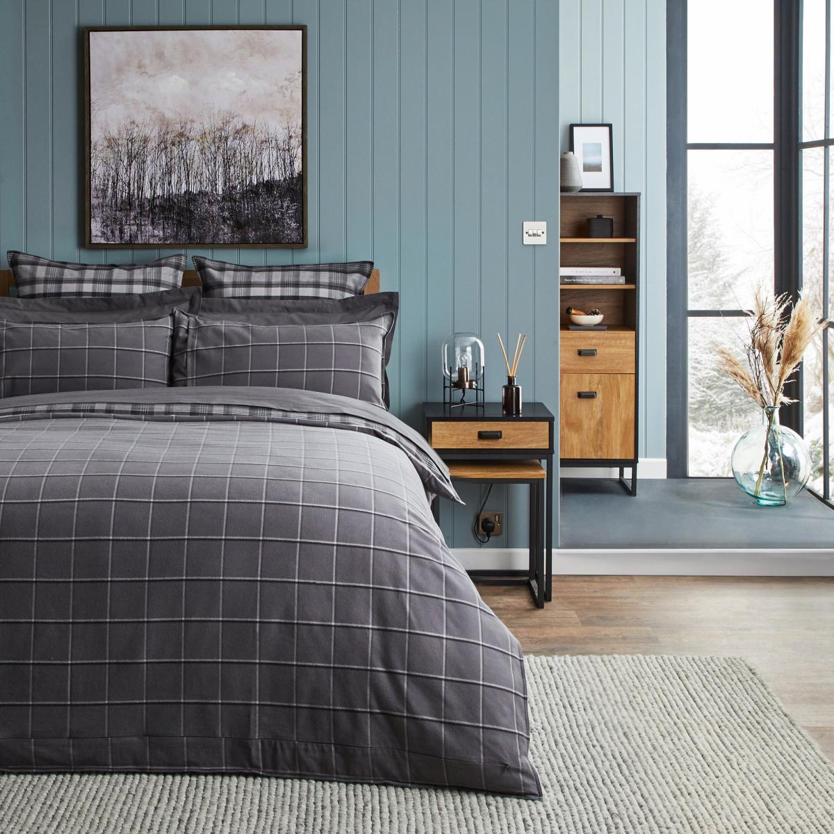 Dorma Lochaber Reversible Grey Checked Duvet Cover and Pillowcase Set Grey and White – image 2