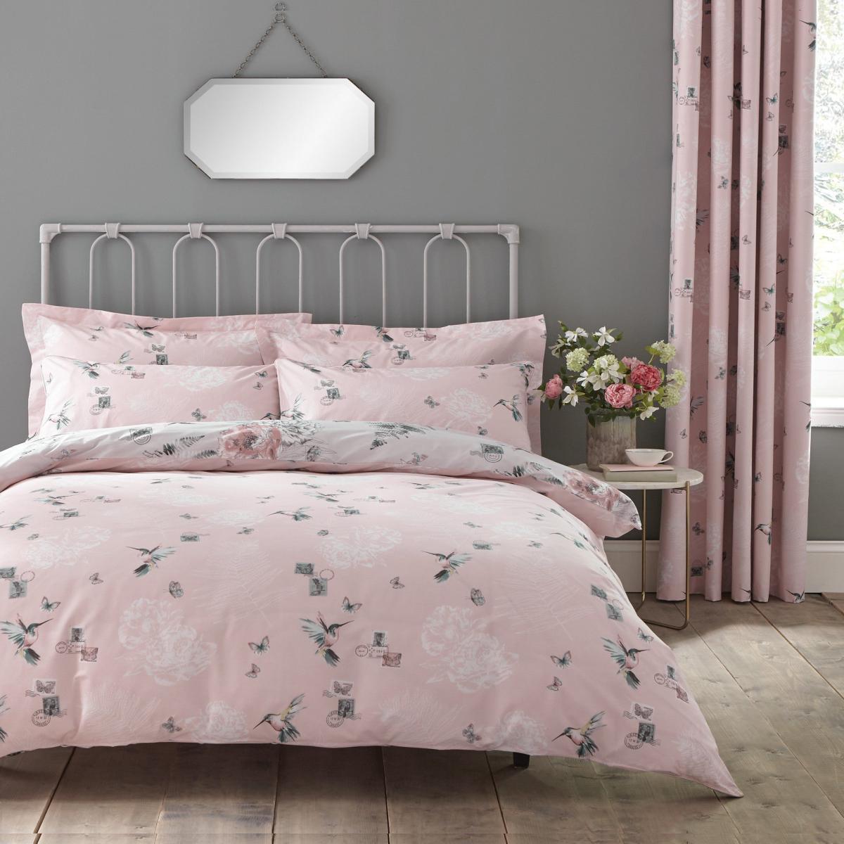 Heavenly Hummingbird Grey & Blush Duvet Cover and Pillowcase Set Blush Pink – image 2