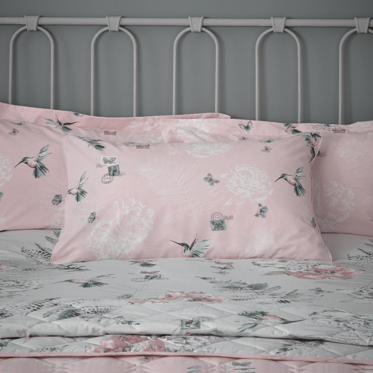 Heavenly Hummingbird Grey & Blush Duvet Cover and Pillowcase Set Blush Pink – image 4