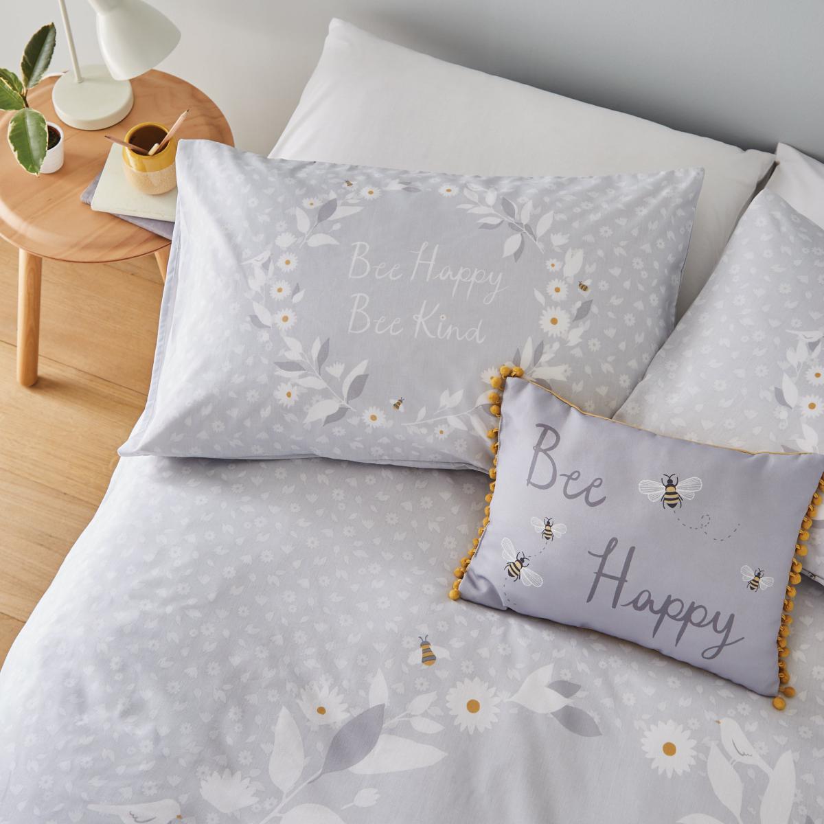 Catherine Lansfield Grey Bee Happy Duvet Cover and Pillowcase Set Light Grey – image 2