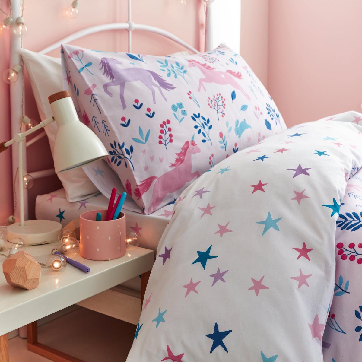 Bianca Woodland Unicorn And Stars 100% Cotton Duvet Cover and Pillowcase Set Pink, White and Blue – image 2