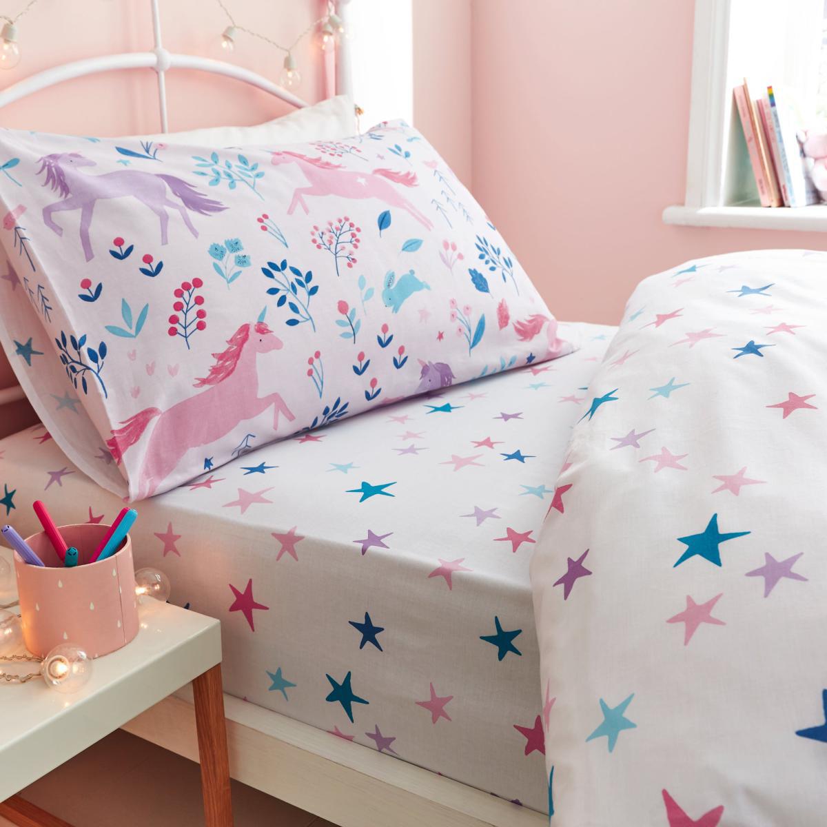 Bianca Woodland Unicorn And Stars 100% Cotton Duvet Cover and Pillowcase Set Pink, White and Blue – image 4