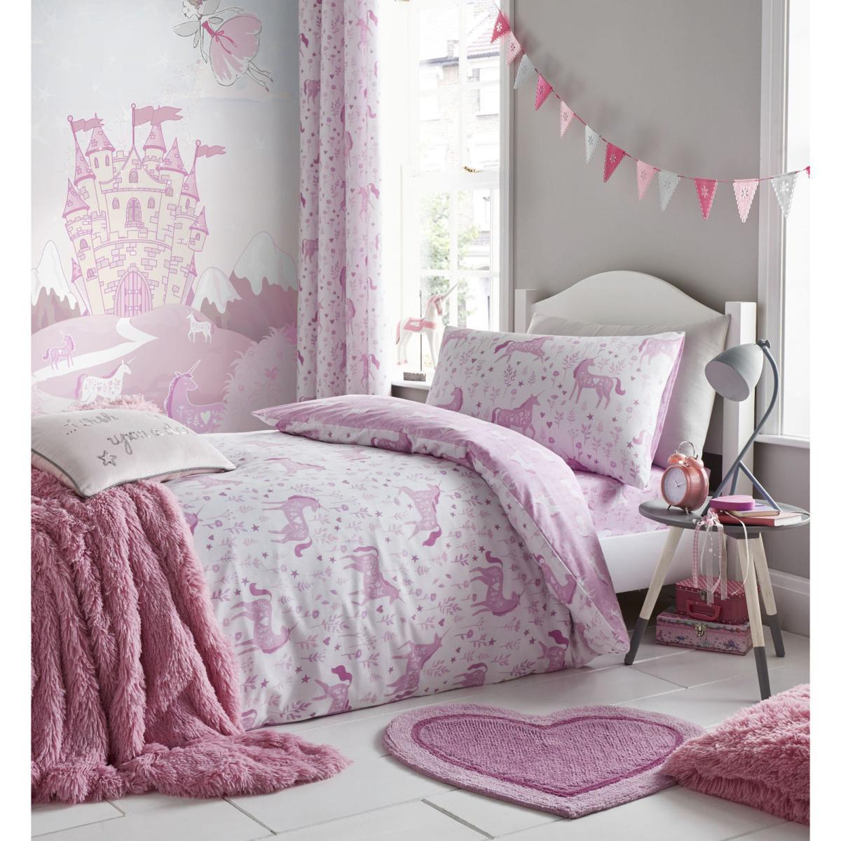 Catherine Lansfield Folk Unicorn Pink Duvet Cover and Pillowcase Set Pink – image 2