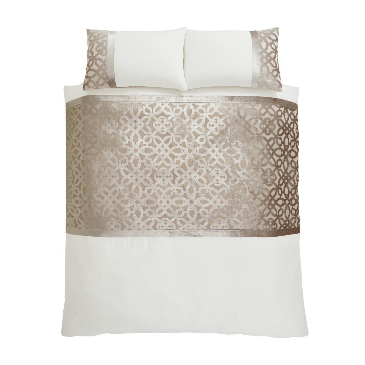 Catherine Lansfield Natural Lattice Cut Velvet Duvet Cover and Pillowcase Set Brown and White – image 4