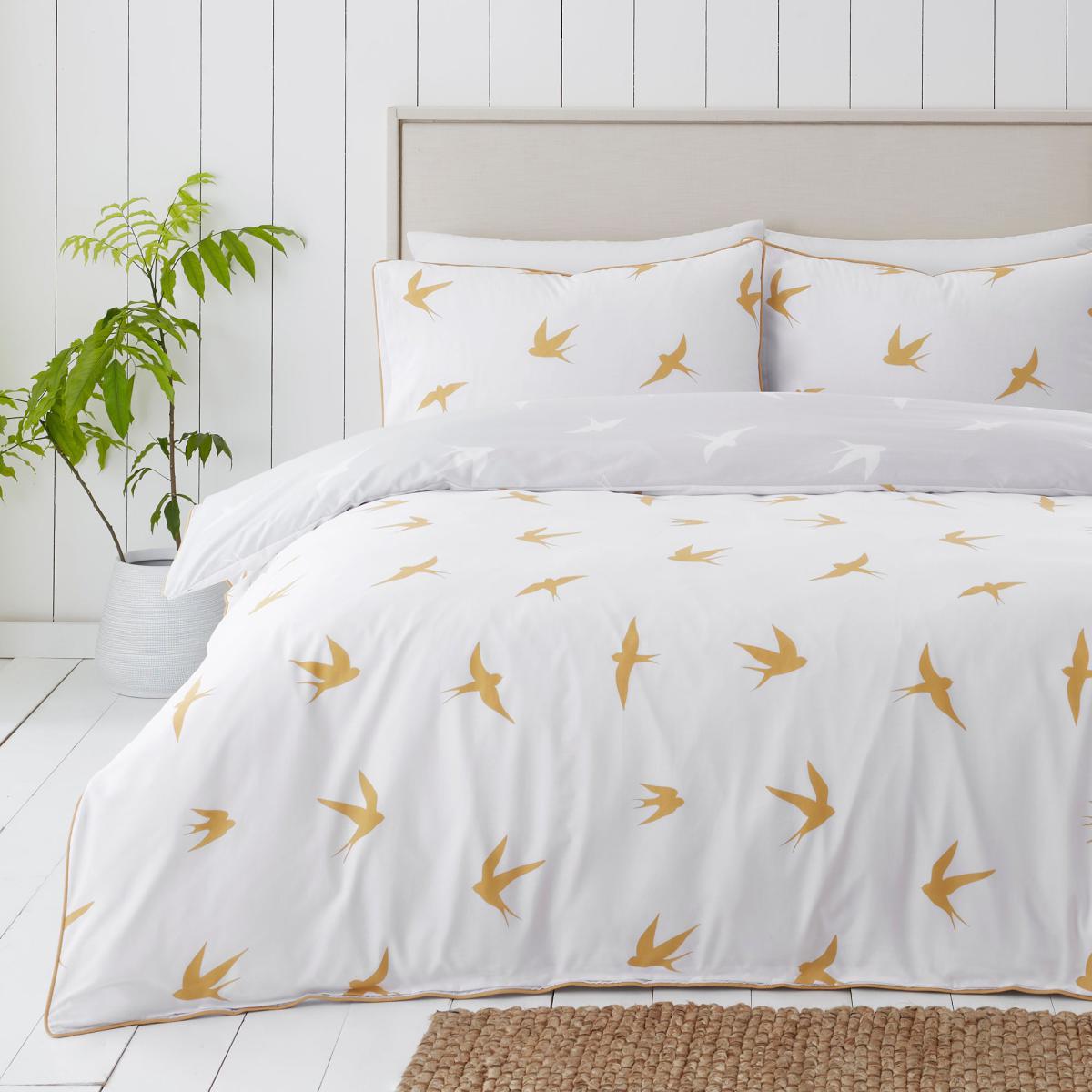 Coastal Birds Grey and Ochre Reversible Duvet Cover and Pillowcase Set Light Grey – image 2