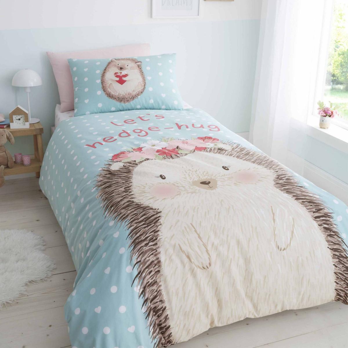 Catherine Lansfield Polka Dot Hedgehog Duvet Cover and Pillowcase Set Blue – image 1