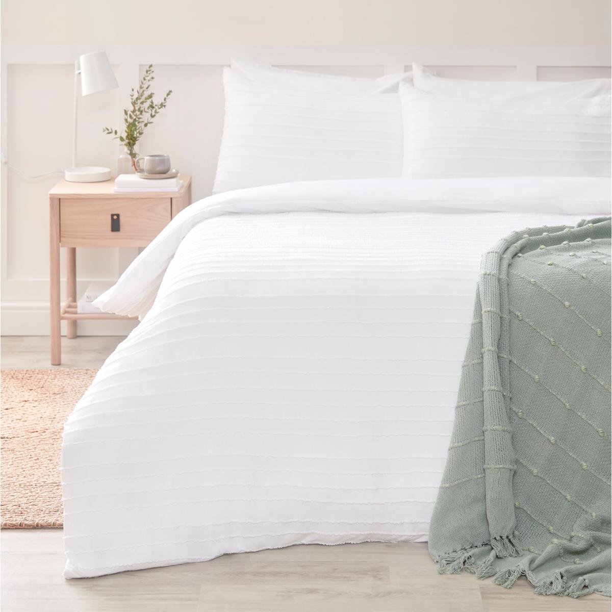 Louise Striped Jacquard Duvet Cover and Pillowcase Set White – image 1