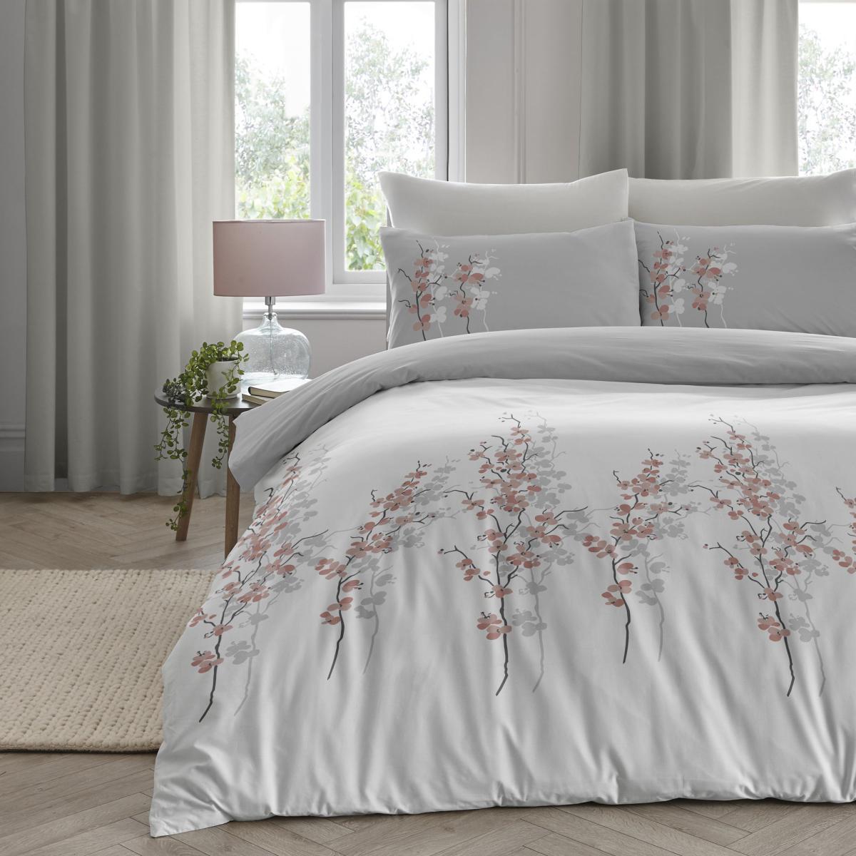Oriental Flower Grey Blush Duvet Cover and Pillowcase Set Grey – image 2