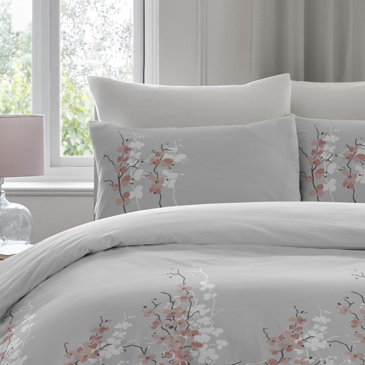 Oriental Flower Grey Blush Duvet Cover and Pillowcase Set Grey – image 3