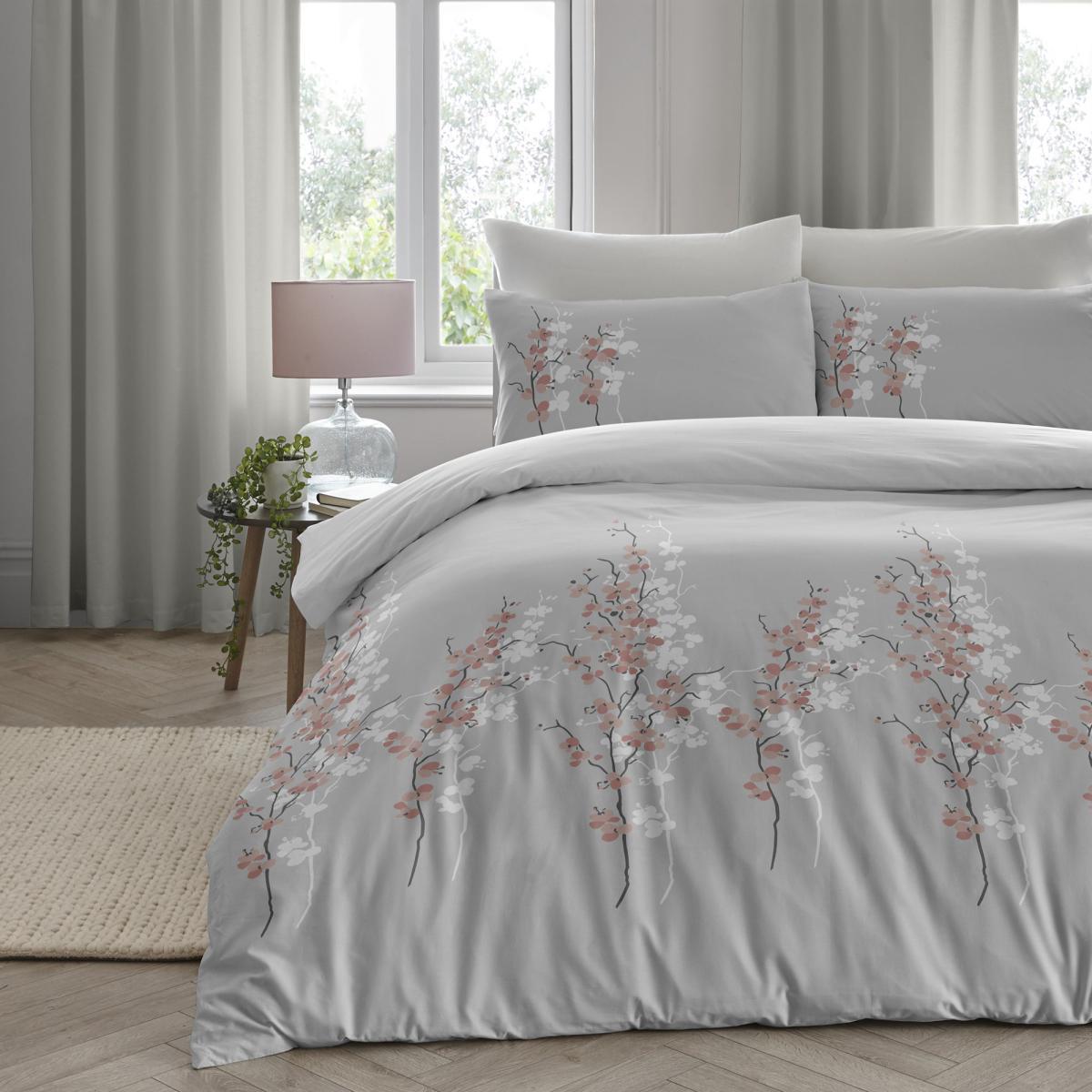 Oriental Flower Grey Blush Duvet Cover and Pillowcase Set Grey – image 1