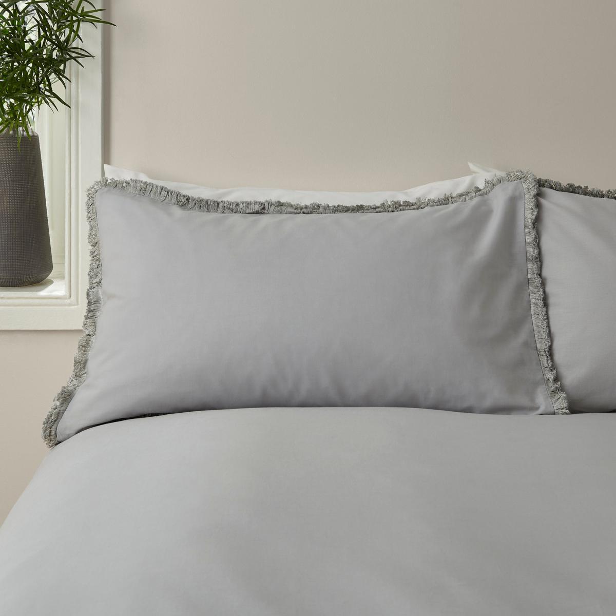 Bridget Grey Fringed 100% Cotton Duvet Cover and Pillowcase Set Grey – image 3