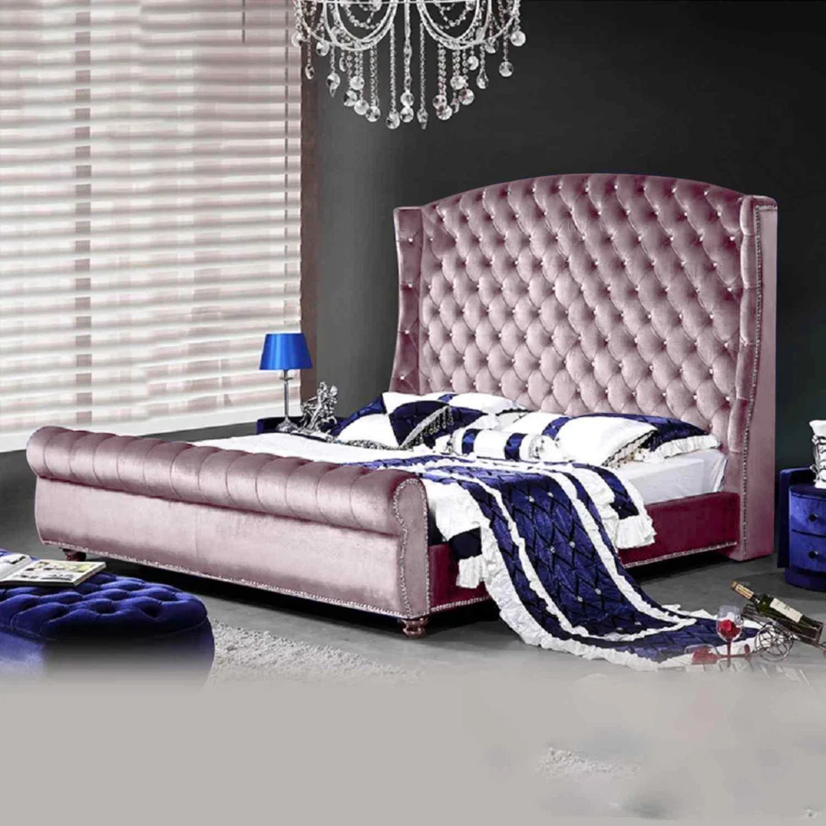 Ragnild Upholstered Plush Velvet Bed Frame - Pink / Super King