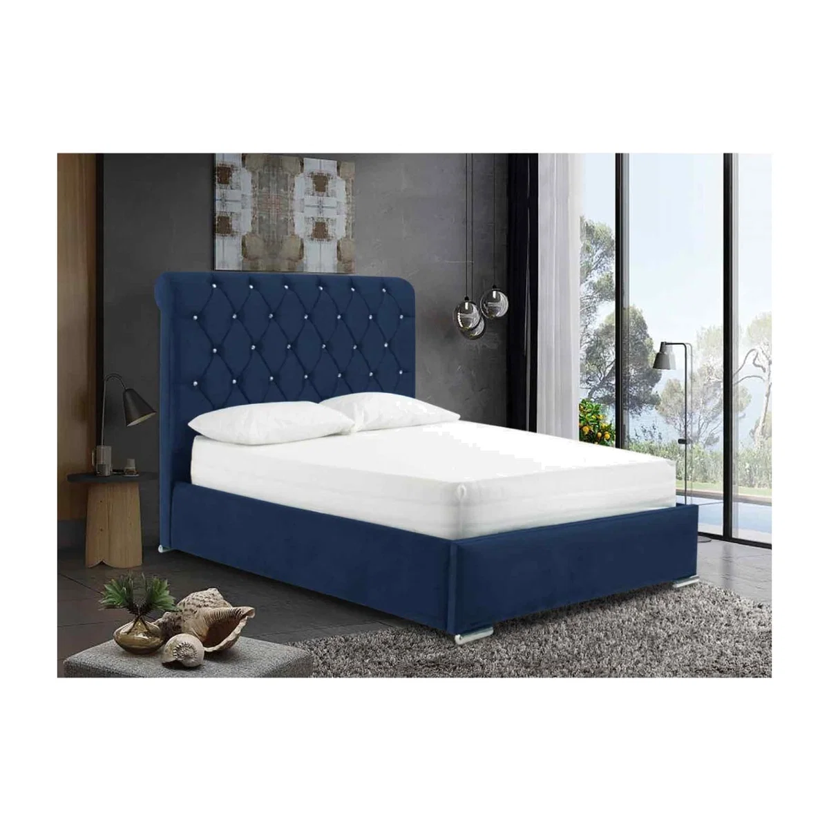 Mattia Upholstered Plush Velvet Bed Frame - Blue / Super King / 362kg – image 1