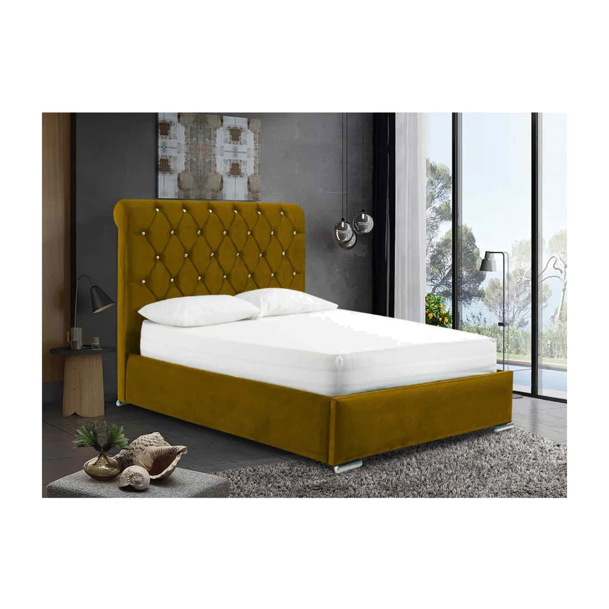 Mattia Upholstered Plush Velvet Bed Frame - Yellow / Super King / 362kg – image 1