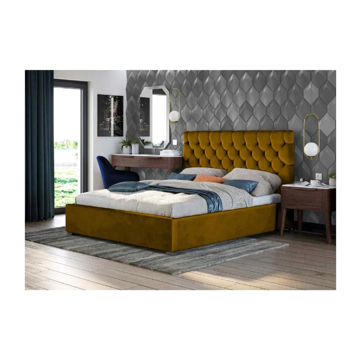 Ragnhilda Upholstered Plush Velvet Bed Frame - Yellow / Super King
