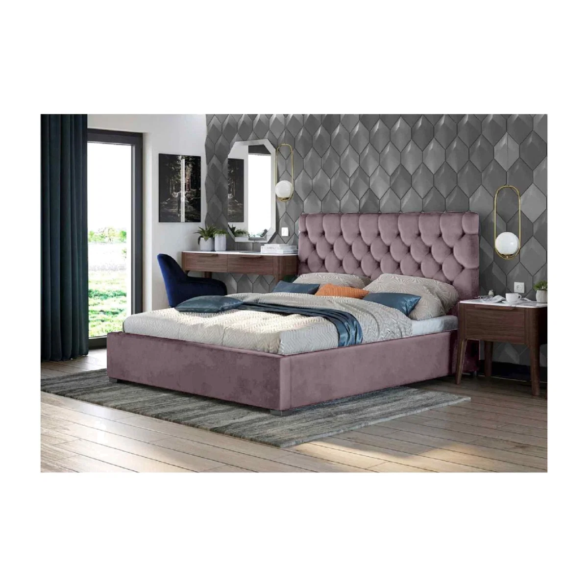 Ragnhilda Upholstered Plush Velvet Bed Frame - Pink / Super King