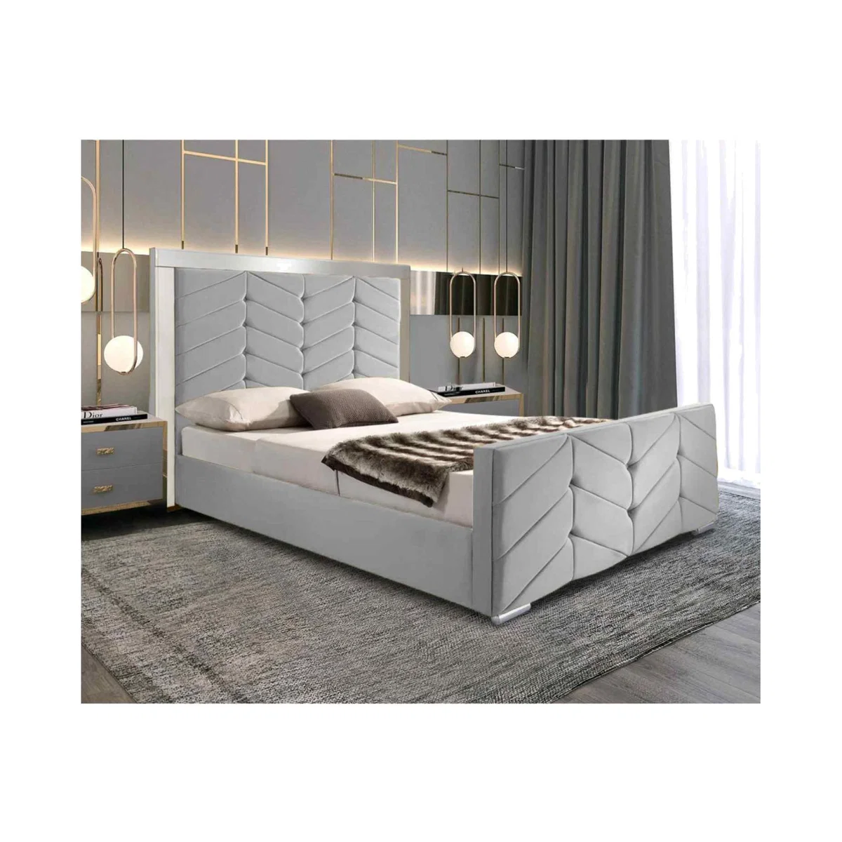 MAlice Upholstered Plush Velvet Bed Frame - Grey / Super King