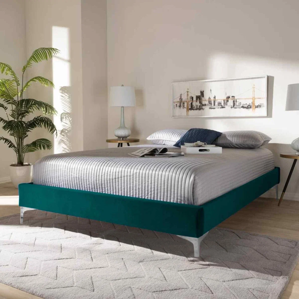 Alexander Upholstered Plush Velvet Bed Frame - Green / Super King