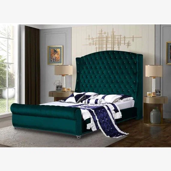 Ragnild Upholstered Plush Velvet Bed Frame - Green / Super King – image 1