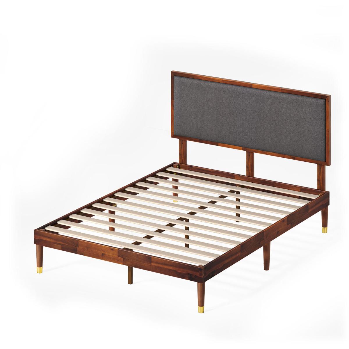 Dex Wood  Fabric Bed Frame with Adjustable Headboard - Stained Wood & Dark Grey – image 2