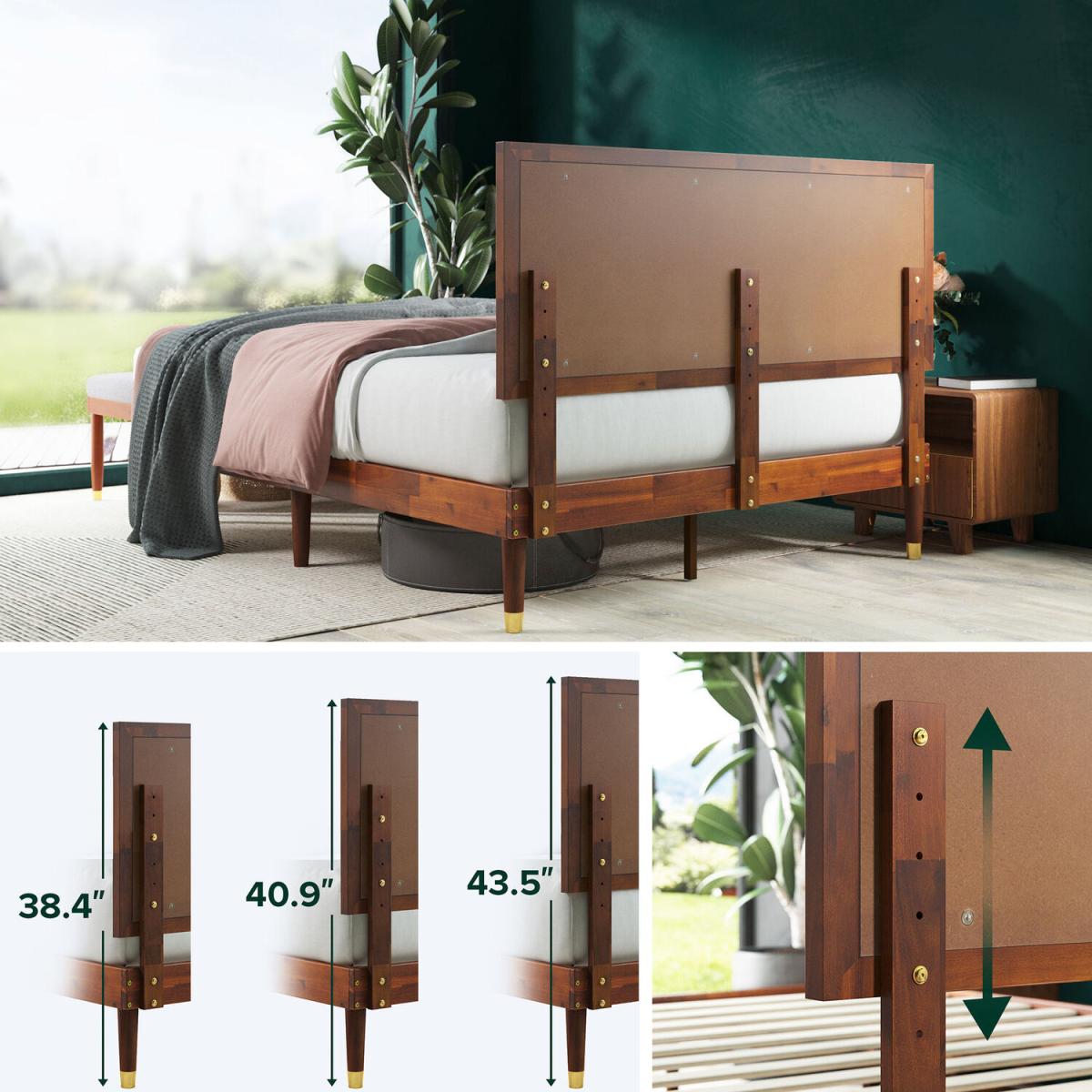Dex Wood  Fabric Bed Frame with Adjustable Headboard - Stained Wood & Dark Grey – image 3