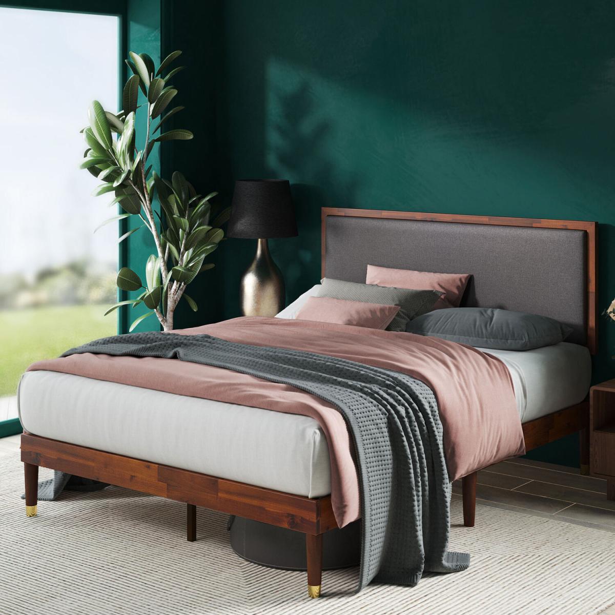 Dex Wood  Fabric Bed Frame with Adjustable Headboard - Stained Wood & Dark Grey – image 4