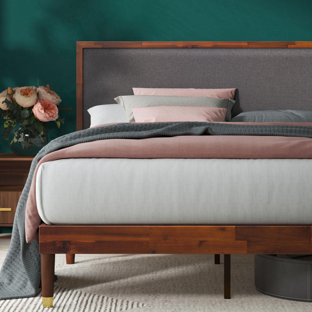 Dex Wood  Fabric Bed Frame with Adjustable Headboard - Stained Wood & Dark Grey – image 5