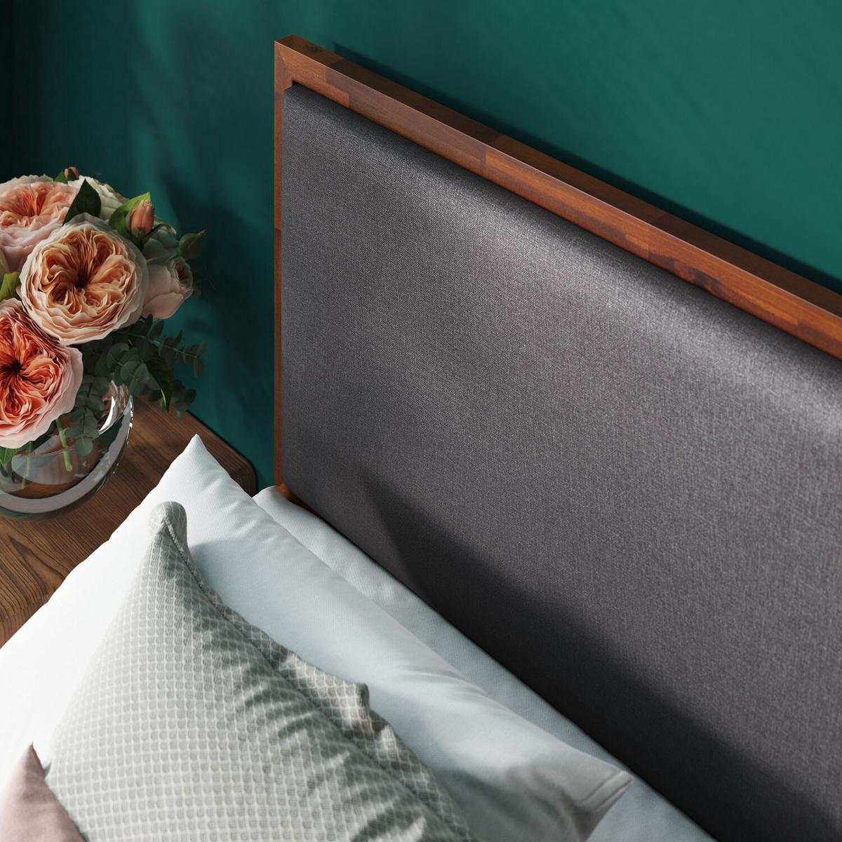 Dex Wood  Fabric Bed Frame with Adjustable Headboard - Stained Wood & Dark Grey – image 6