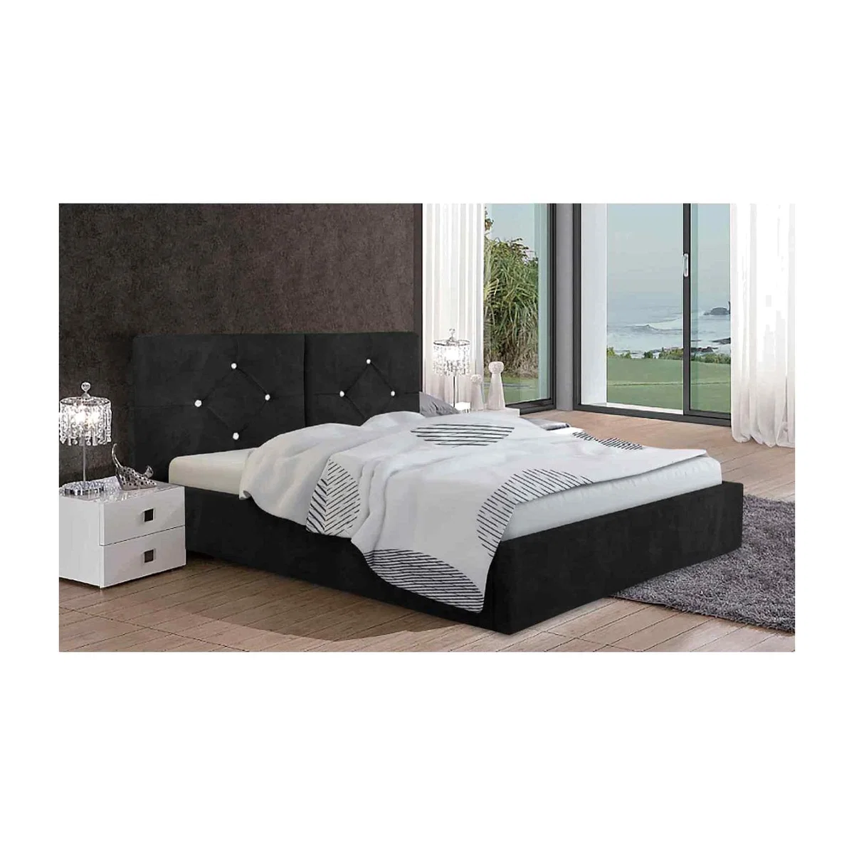 Carmen Upholstered Plush Velvet Bed Frame - Black / Super King