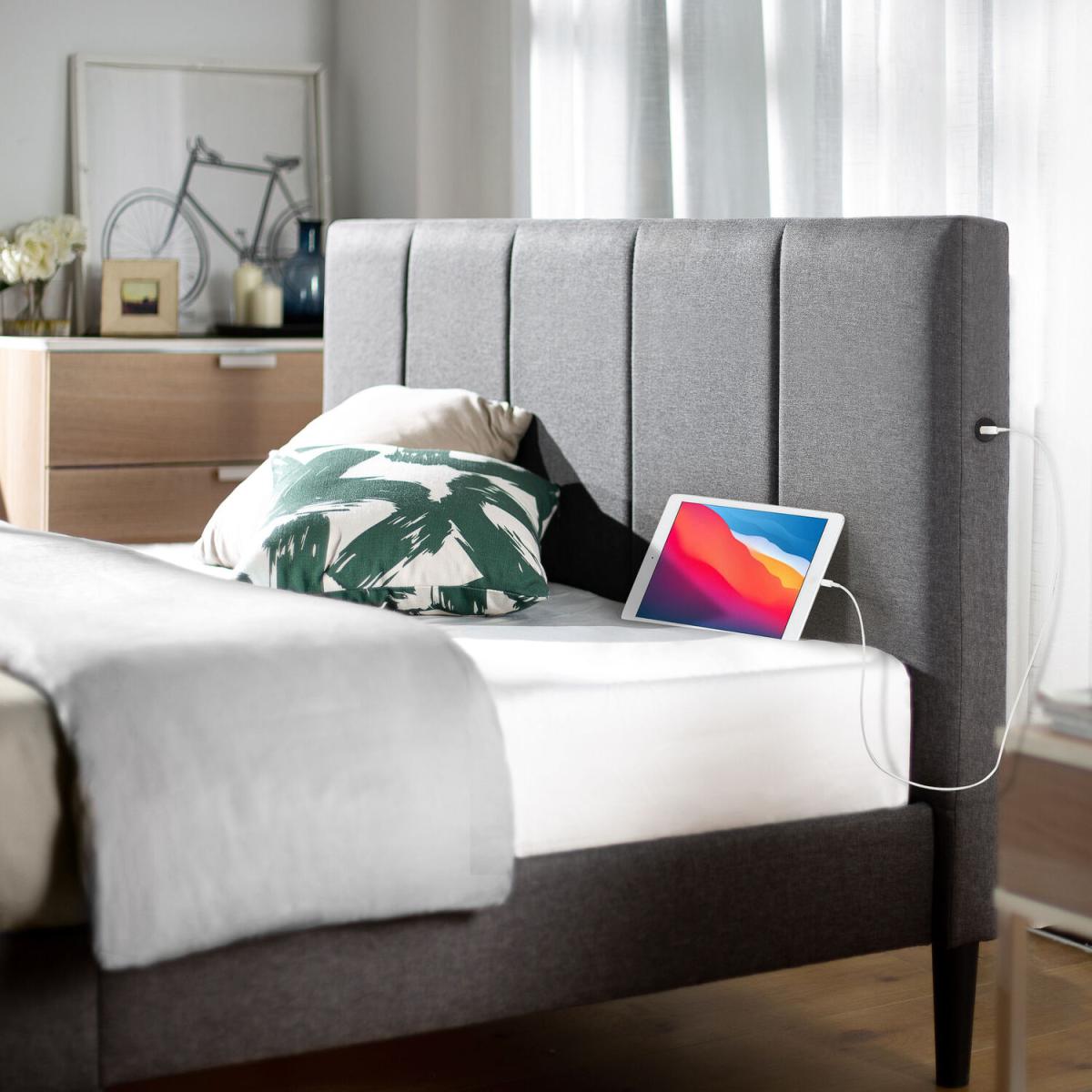 Eddy Grey Upholstered Bed Frame with USB Ports - Grey / King – image 4