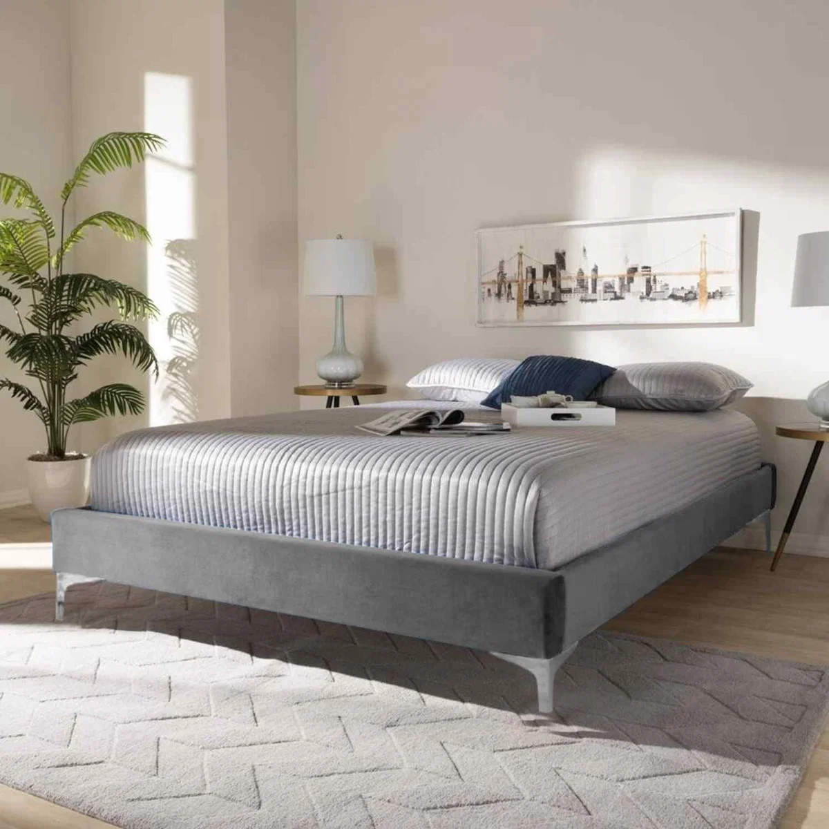 Alexander Upholstered Plush Velvet Bed Frame - Grey / Super King