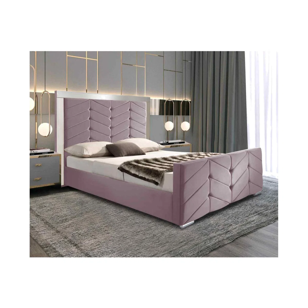 MAlice Upholstered Plush Velvet Bed Frame - Pink / Super King