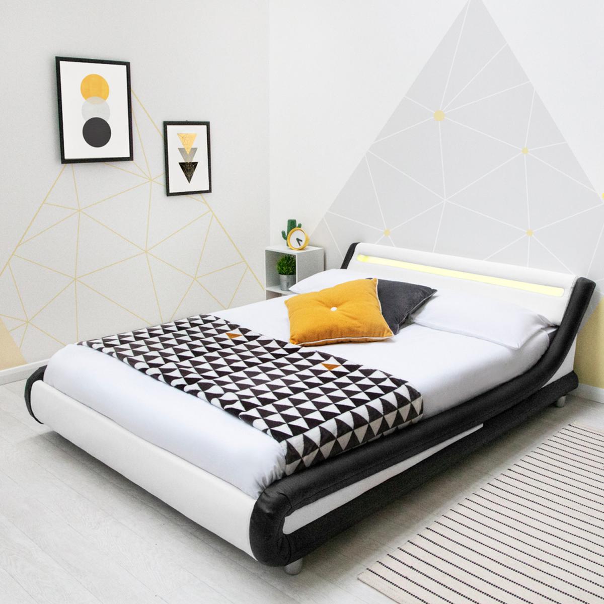 Barcelona Black and White Faux Leather LED Headboard Bed Frame - White – image 1