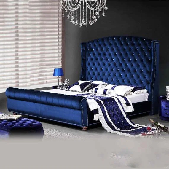 Ragnild Upholstered Plush Velvet Bed Frame - Blue / Super King – image 1