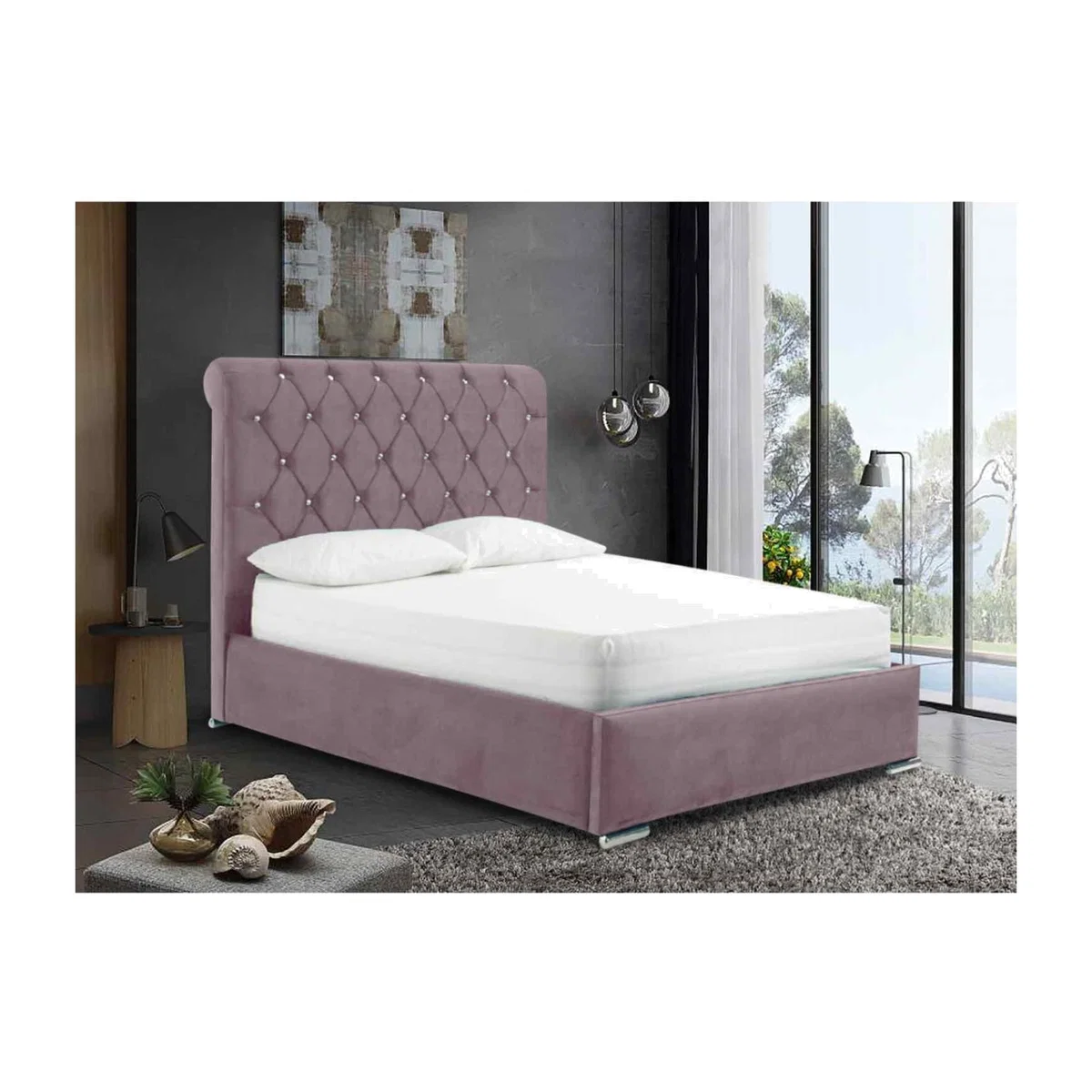 Mattia Upholstered Plush Velvet Bed Frame - Pink / Super King / 362kg – image 1