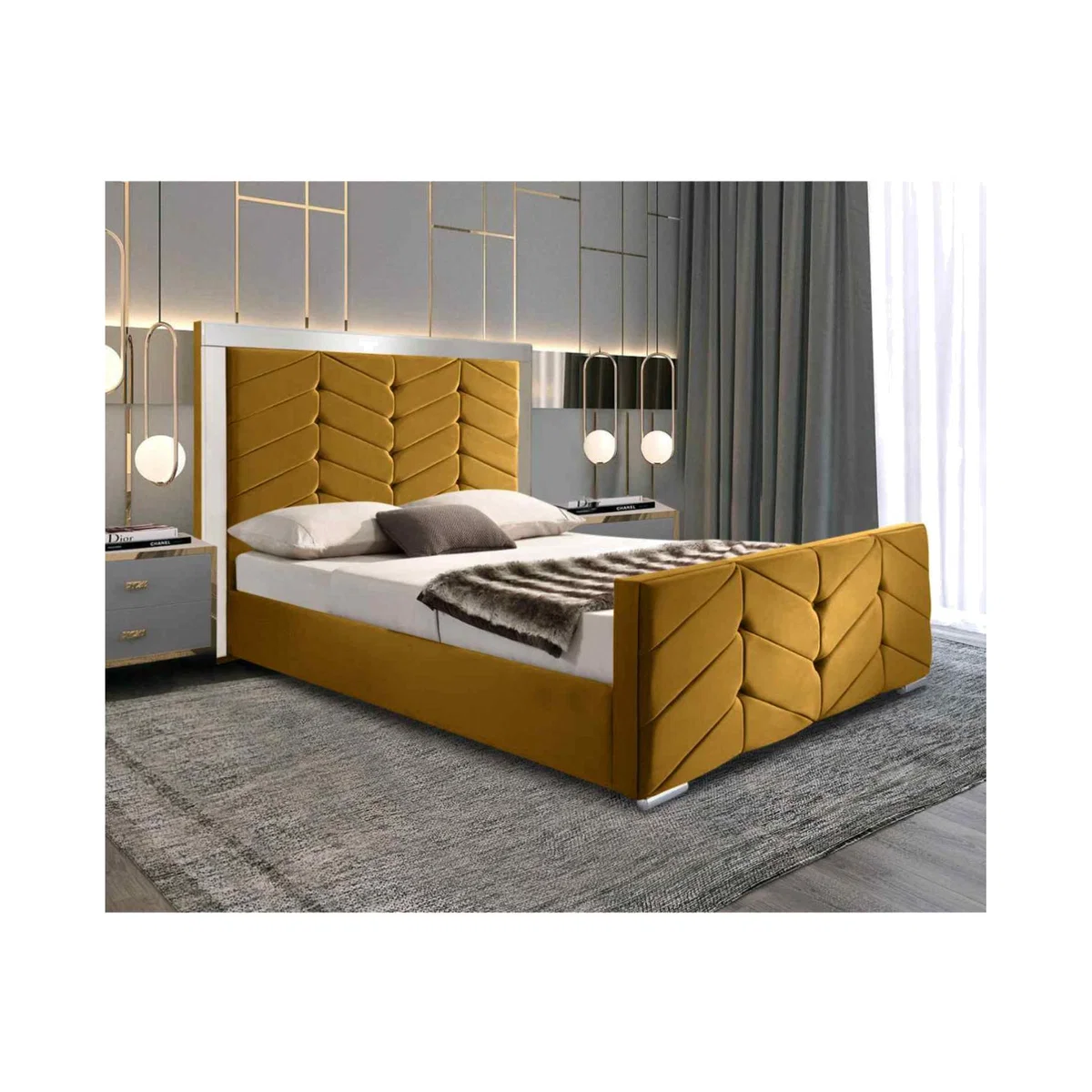 MAlice Upholstered Plush Velvet Bed Frame - Yellow / Super King