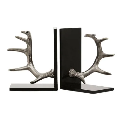 Antler Silver Metal Bookend Set of 2 with Black Marble Bases – image 1