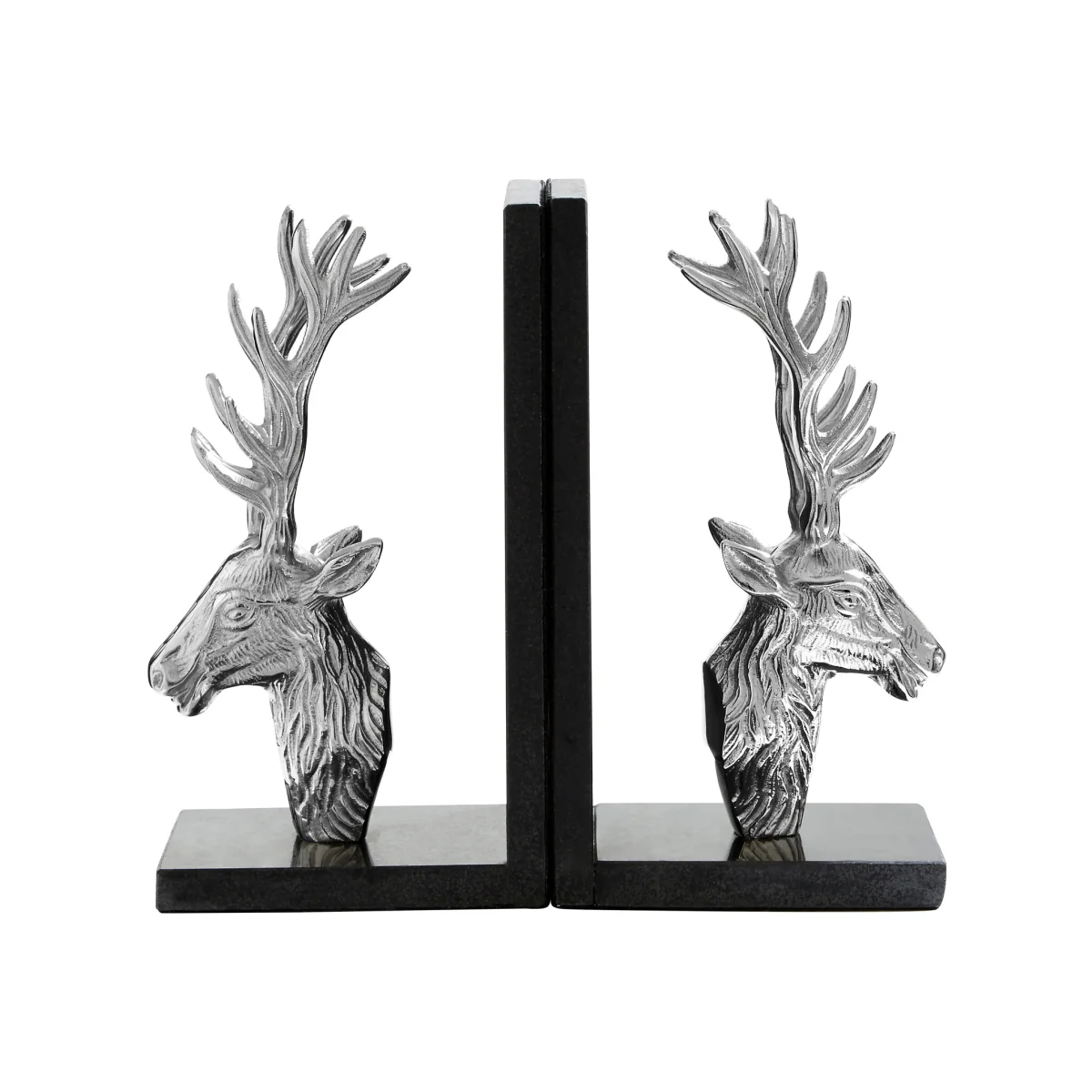Kinsley Set of 2 Stag Bookends with Marble Base - Silver