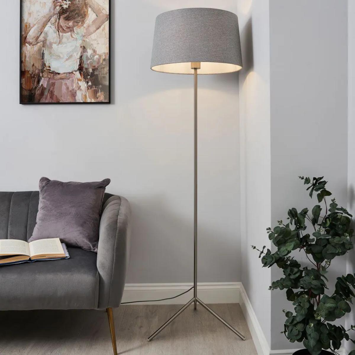 Stassy Tripod Feet Floor Lamp with Grey Shade, Satin Nickel – image 2